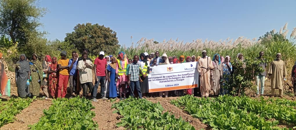 En gruppe af mennesker, der står foran grønne afgrøder på en mark i Chad.